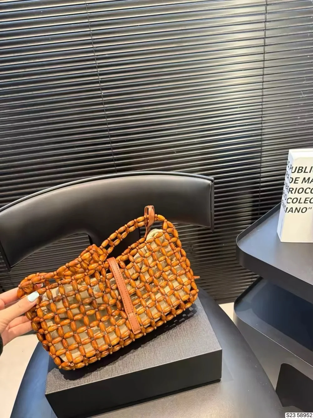 Saint Laurent Woven Bead Shoulder Tote in Cognac